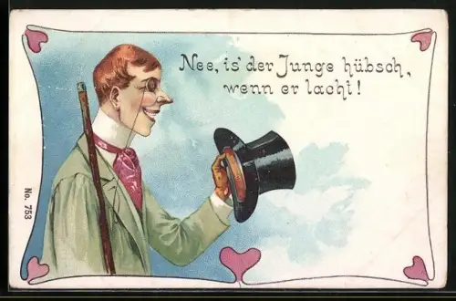 Lithographie Lachender Monokelträger spiegelt sich in seinem Zylinderhut