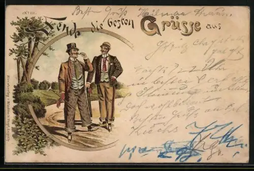 Vorläufer-Lithographie Zwei Herren beim Spaziergang im Grünen mit Monokel, 1895