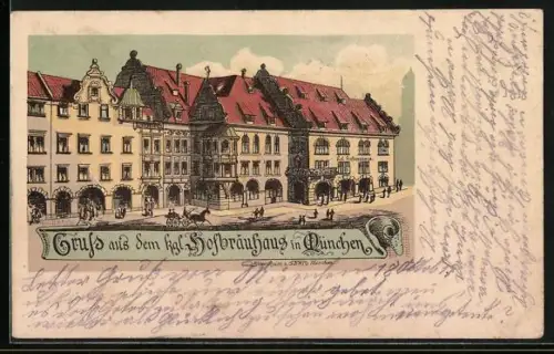 Lithographie München, Münchner Hofbräuhaus und Strasse