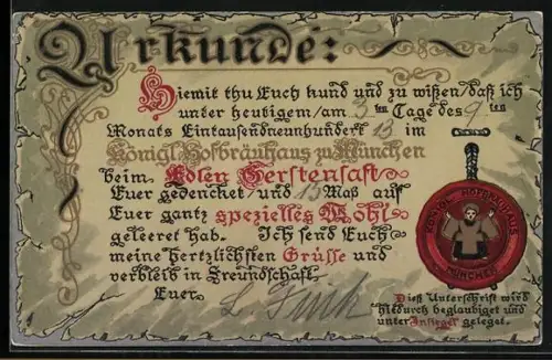 AK München, Münchner Hofbräuhaus, Urkunde über Biergenuss, Münchner Kindl-Siegel
