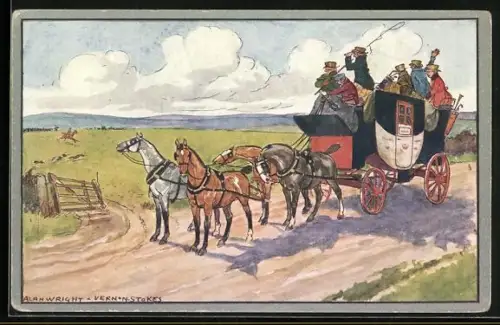 Künstler-AK Passagiere einer Pferdekutsche beobachten eine Treibjagd