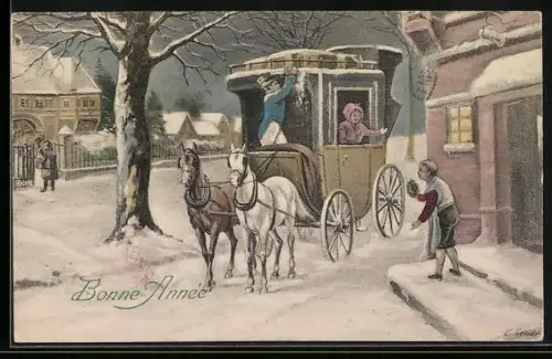 AK Postkutsche, Ankunft im Winter, Neujahrsgruss
