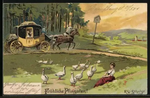 Lithographie Postkutsche unterwegs, Gänsehüterin, Pfingstgruss