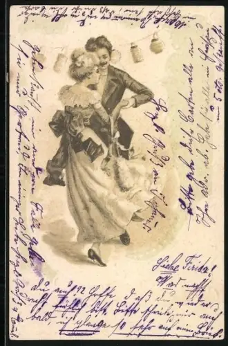 Präge-AK Paar tanzt unter Laternengirlande