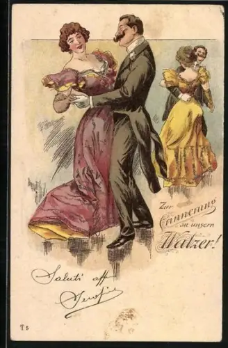 Präge-Lithographie Tanzpaare in feiner Kleidung tanzen Walzer