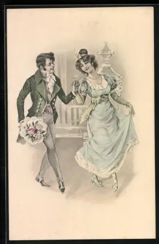 AK Mann mit Blumenstrauss bittet Frau zum Tanz