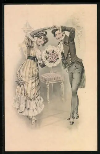 AK Tanzpaar mit Blumenstrauss in der Drehung