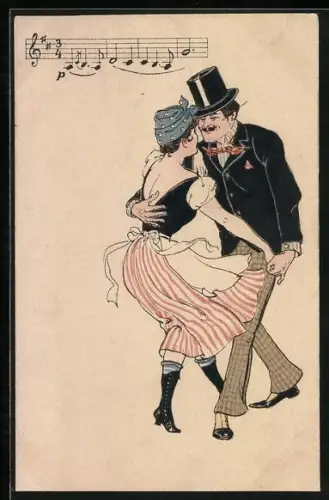 Lithographie Tanzpaar und Musiknoten