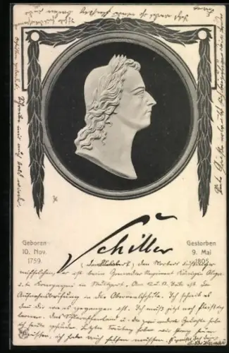AK Porträt Friedrich Schillers im Rahmen mit Lebensdaten