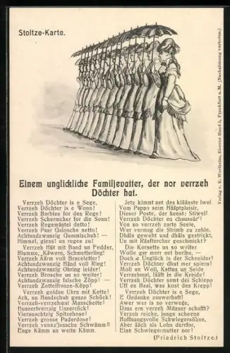 AK Friedrich Stoltze, Einem unglickliche Familienvatter mit Illustration, Frauen mit Schirmen in einer Reihe