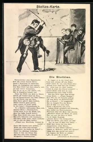AK Friedrich Stoltze, Die Blutblas mit Illustration, Lehrer straft Schüler mit Stock