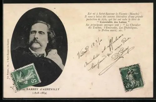 AK Jules Barbey d’Aurevilly im Portrait mit einer Huldigung