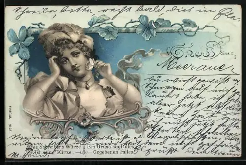 Lithographie Dame mit floralem Dekor, Jugendstil