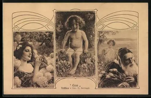 AK Eros Triptychon im Jugendstil-Rahmen mit Frau und Blumen, kleinem Jungen im Wald und altem Mann und junger Frau