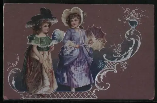 Präge-AK Zwei junge Damen mit Fächer, Sonnenschirm und Jugendstil-Verzierungen