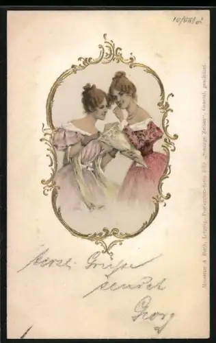 Präge-AK Zwei Damen in Kleider im Jugendstil-Rahmen