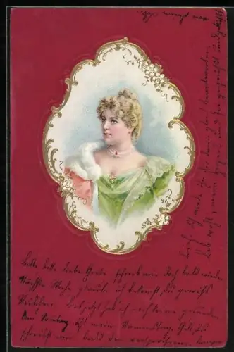 Präge-AK Festlich gekleidete Dame im Jugendstil-Rahmen