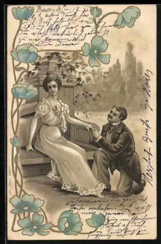 Lithographie April, Mann hält um die Hand seiner Liebsten an, Rosenornamente, Jugendstil