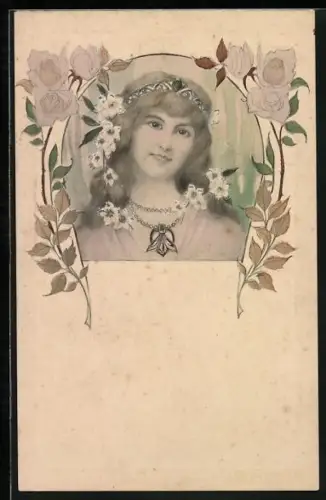 AK Junge Frau mit Blumen und Haarschmuck im Haar im Jugendstil-Rahmen