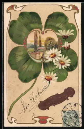 AK Kleeblatt mit Margeriten und Landschaft
