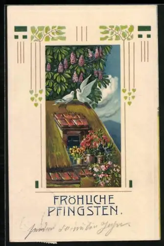AK Vögel auf einem Dach, Fröhliche Pfingsten