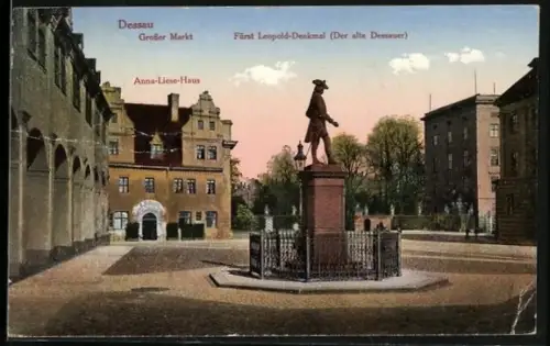 AK Dessau, Grosser Markt, Fürst Leopold-Denkmal, Anna-Liese-Haus
