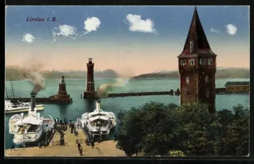 AK Lindau i. B., Hafen mit Leuchtturm und Dampfschiffen