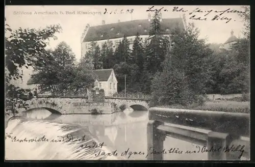 AK Aeschach b. Bad Kissingen, Schloss Aeschach, Brücke, Fluss