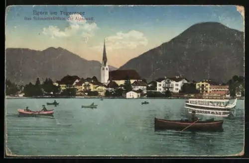 AK Egern am Tegernsee, Kirche, See mit Booten, Berge