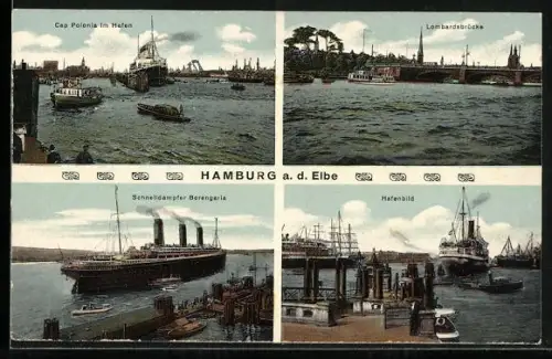 AK Hamburg-Neustadt, Cap Polonia im Hafen, Lombardsbrücke, Schnelldampfer Berengaria, Hafenbild
