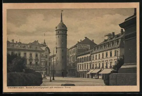 AK Darmstadt, Ernst-Ludwigsplatz mit weissem Turm