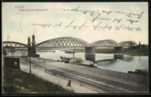 AK Riesa, Elbbrücke, Dampfschiff