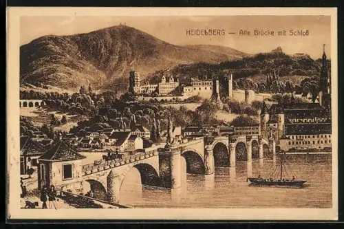 Künstler-AK Heidelberg, Alte Brücke, Schloss