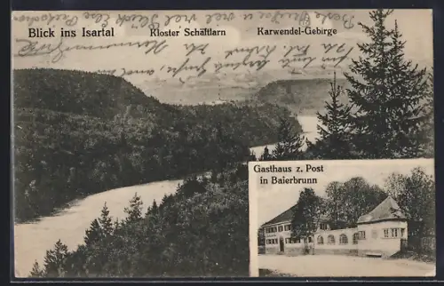 AK Baierbrunn, Gasthaus z. Post, Blick ins Isartal, Karwendel Gebirge