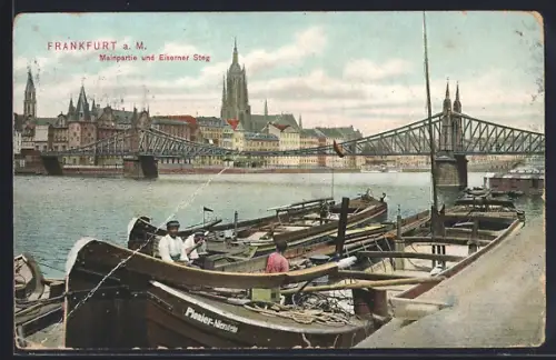 AK Alt-Frankfurt, Mainpartie und Eiserner Steg mit Frachtkähnen