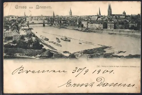 AK Bremen, Uferpartie mit Kirche