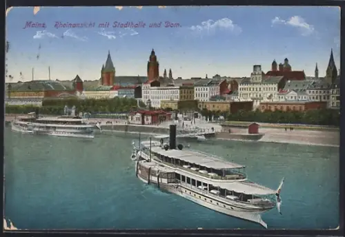 AK Mainz, Rheinansicht mit Stadthalle und Dom