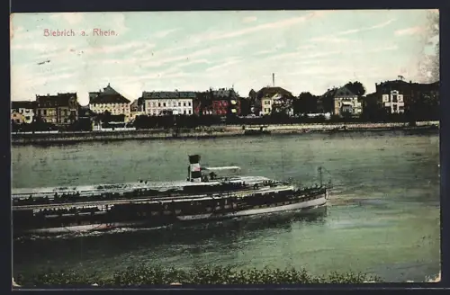 AK Biebrich a. Rh., Uferpartie mit Dampfer