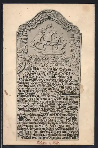 AK Nieblum a. Föhr, Grabstein mit Segelschiffrelief und Inschrift