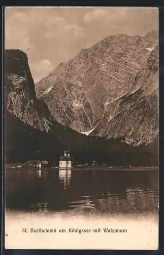 AK St. Bartholomä am Königssee, Kirche St. Bartholomä, Watzmann