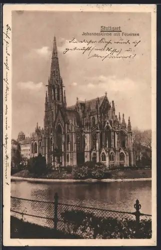 AK Stuttgart, Johanneskirche mit Feuersee