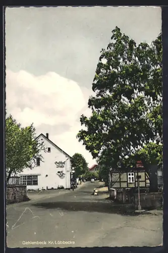 AK Gehlenbeck /Lübbecke, Gasthof Blase, Strassenansicht, Fachwerkhaus