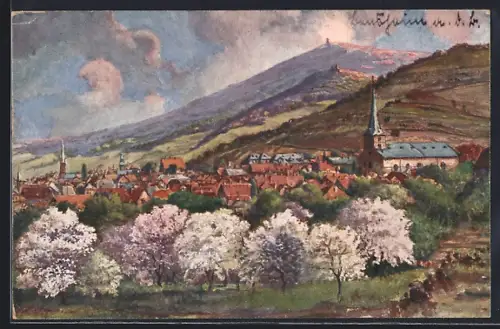 Künstler-AK Bensheim, Bergstrasse in der Blütezeit