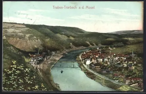 AK Traben-Trarbach a. d. Mosel, Blick auf Stadt und Moselbrücke
