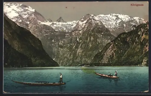 AK Königssee / Berchtesgaden, See mit Booten und Alpenpanorama