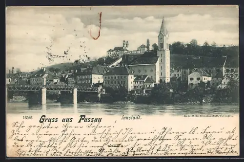 AK Passau, Innstadt, Stadtansicht mit Kirche und Brücke