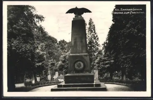 AK Saarbrücken, Eingang zum Ehrenthal, Ehrenmal mit Adler