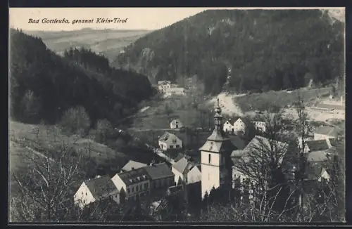 AK Bad Gottleuba, Genannt Klein-Tirol, Ortsansicht mit Kirche und Tal