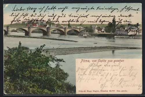 AK Pirna, Ansicht von Copitz aus gesehen, Elbbrücke, Stadtpanorama