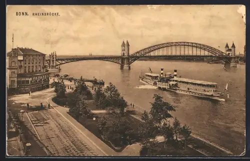 AK Bonn, Rheinbrücke, Dampfschiff